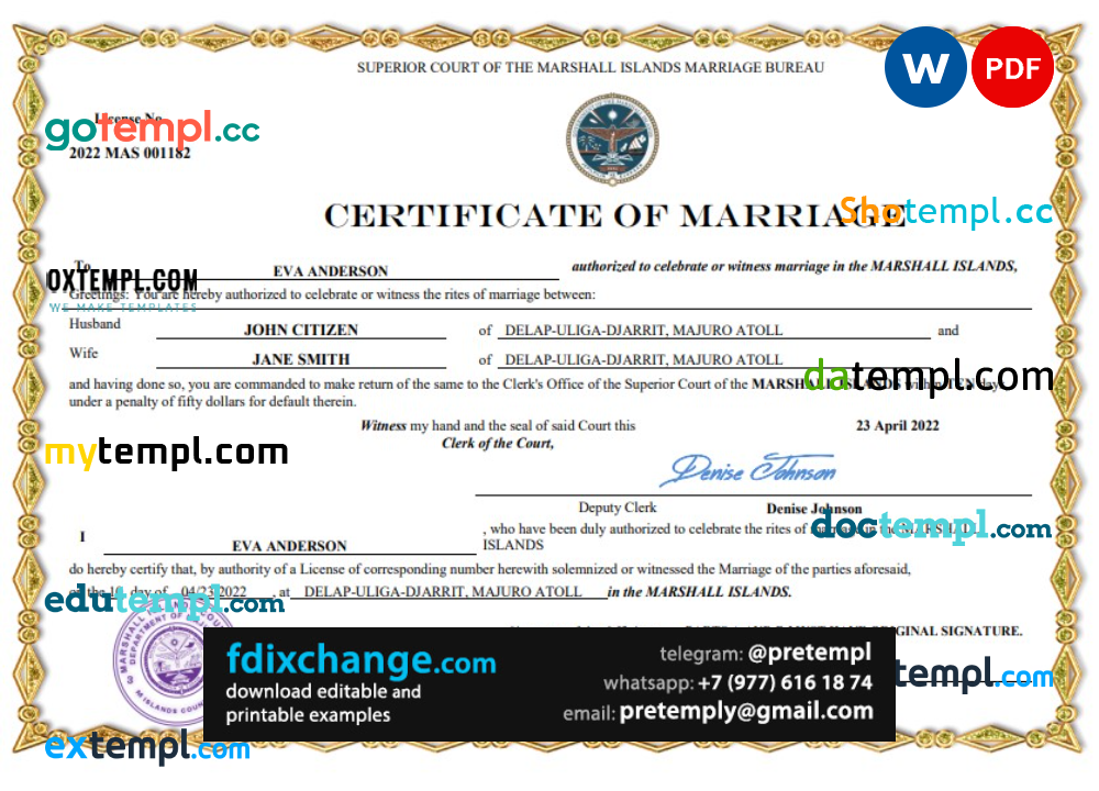 download Marshall Islands marriage certificate template free fonts, fully editable