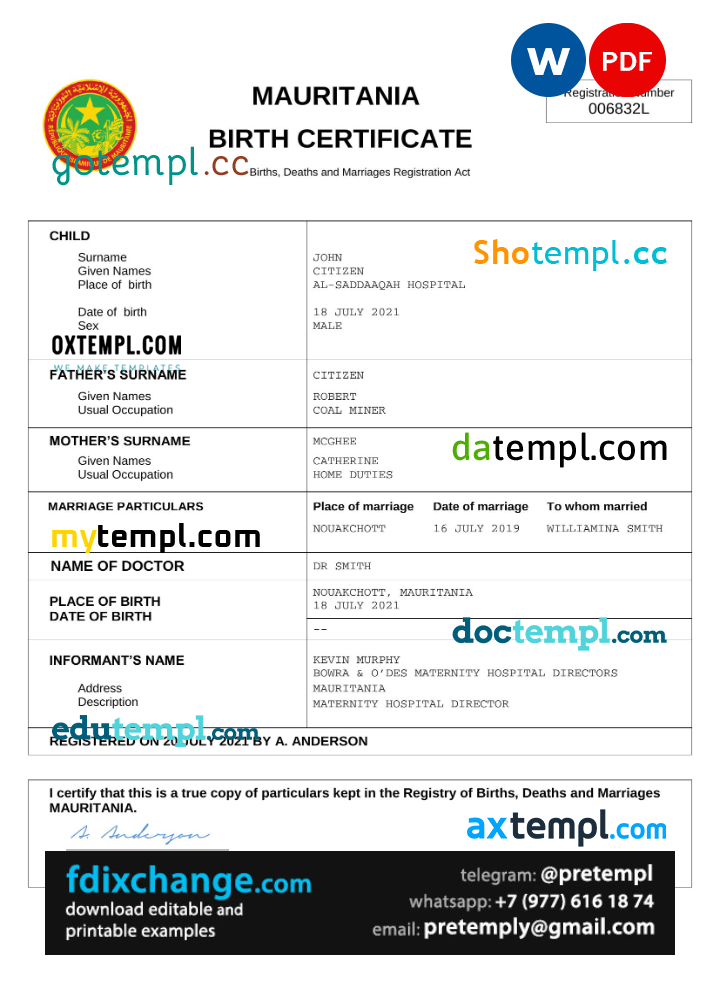 download Mauritania birth certificate template free fonts, completely editable
