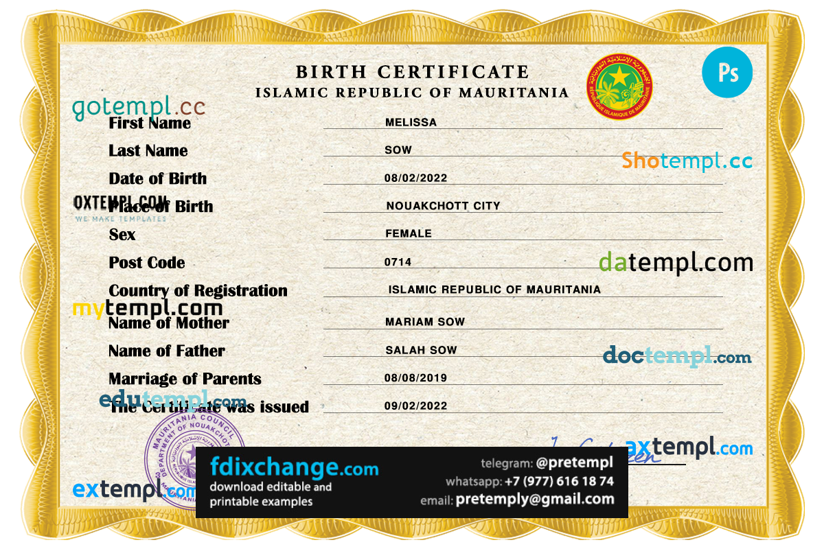 download Mauritania birth certificate template free fonts, completely editable