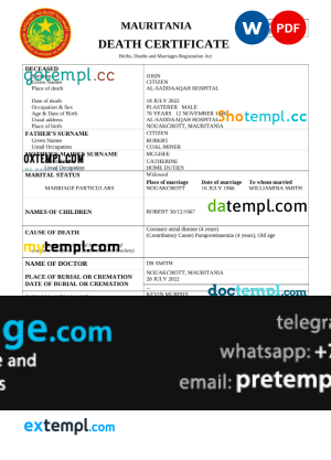download Mauritania vital record death certificate template free fonts