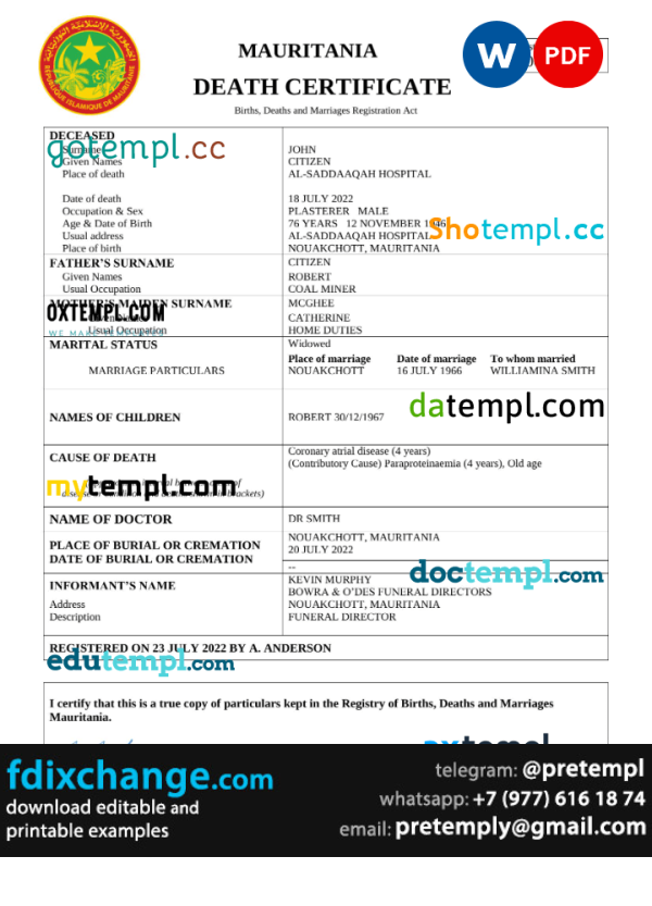 download Mauritania vital record death certificate template free fonts