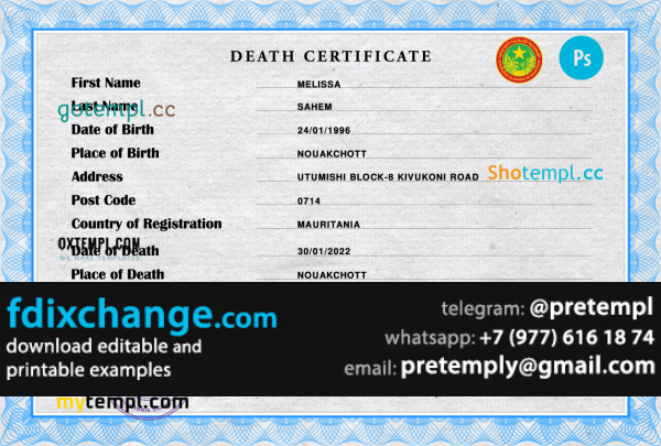 download Mauritania vital record death certificate template free fonts