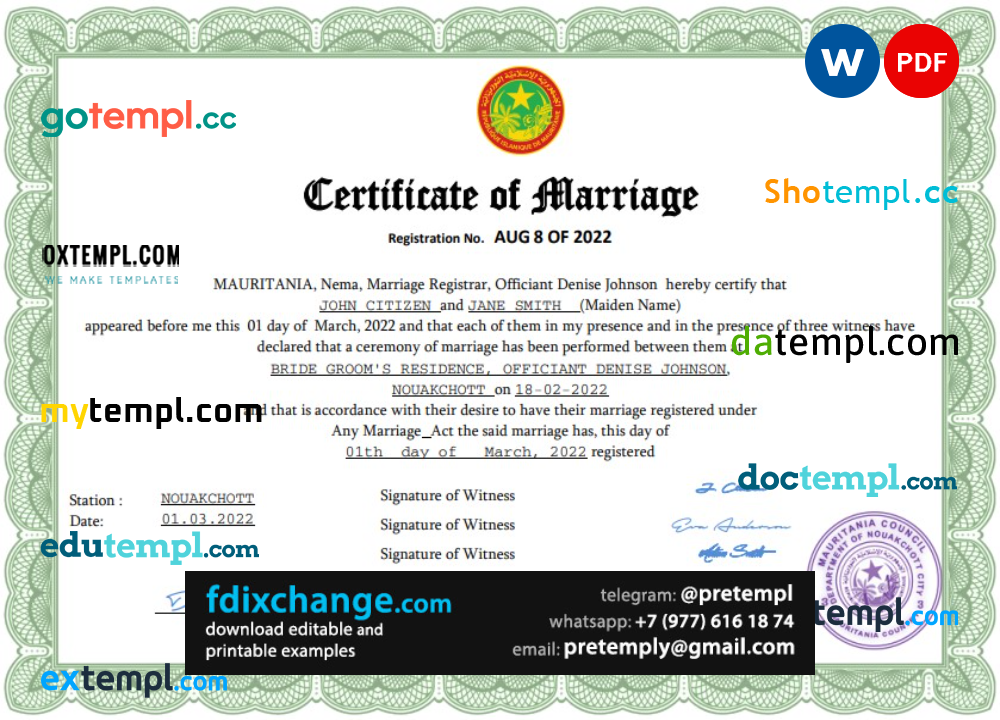 download Mauritania marriage certificate template free fonts, completely editable