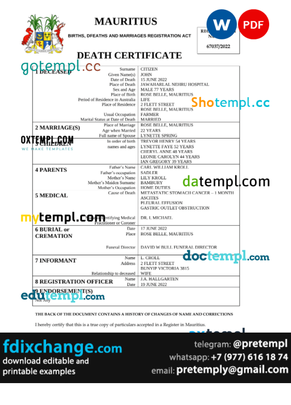 download Mauritius death certificate template free fonts, completely editable