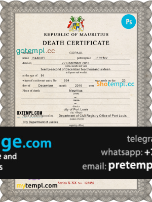 download Mauritius vital record death certificate template free fonts