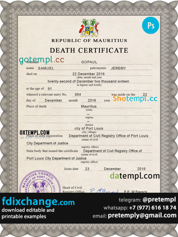 download Mauritius vital record death certificate template free fonts