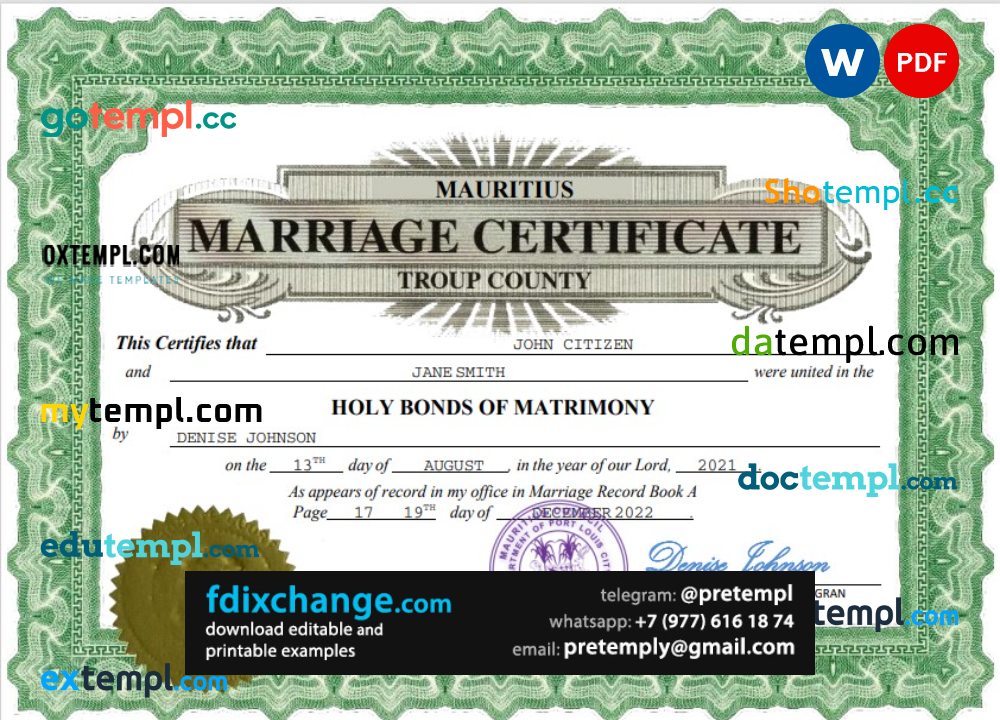 download Mauritius marriage certificate template free fonts, fully editable