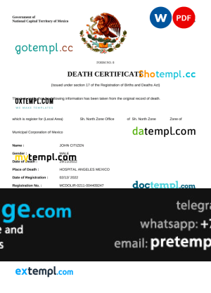 download Mexico vital record death certificate template free fonts