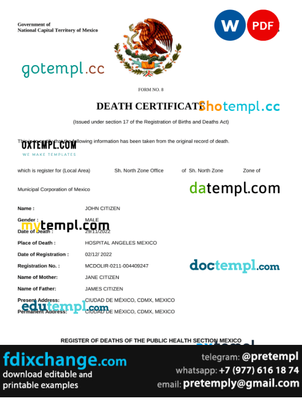 download Mexico vital record death certificate template free fonts