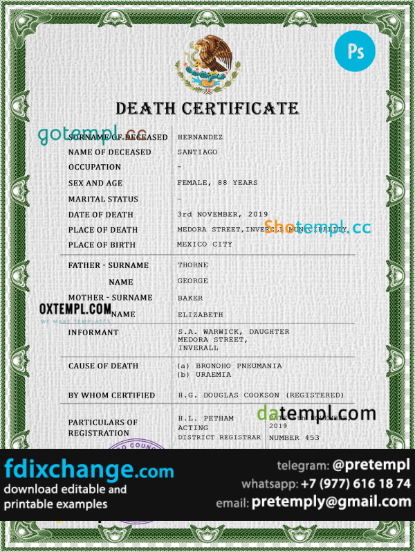 download Mexico death certificate template free fonts, completely editable