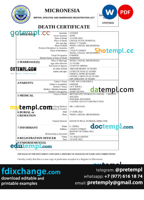 download Micronesia vital record death certificate template free fonts