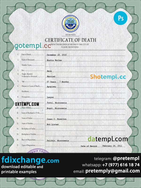 download Micronesia vital record death certificate template free fonts