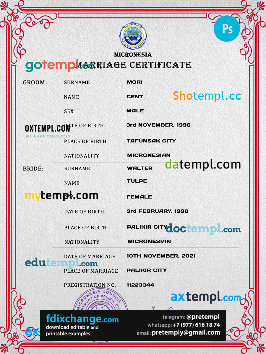 download Micronesia marriage certificate template free fonts, completely editable
