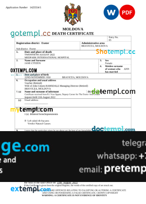 download Moldova death certificate template free fonts, completely editable