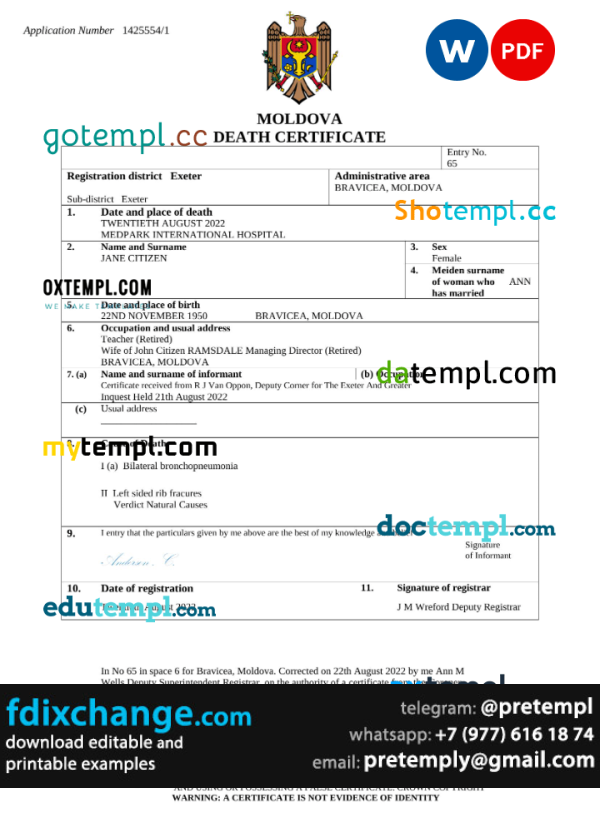 download Moldova death certificate template free fonts, completely editable