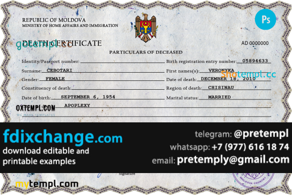 download Moldova vital record death certificate template free fonts, completely editable