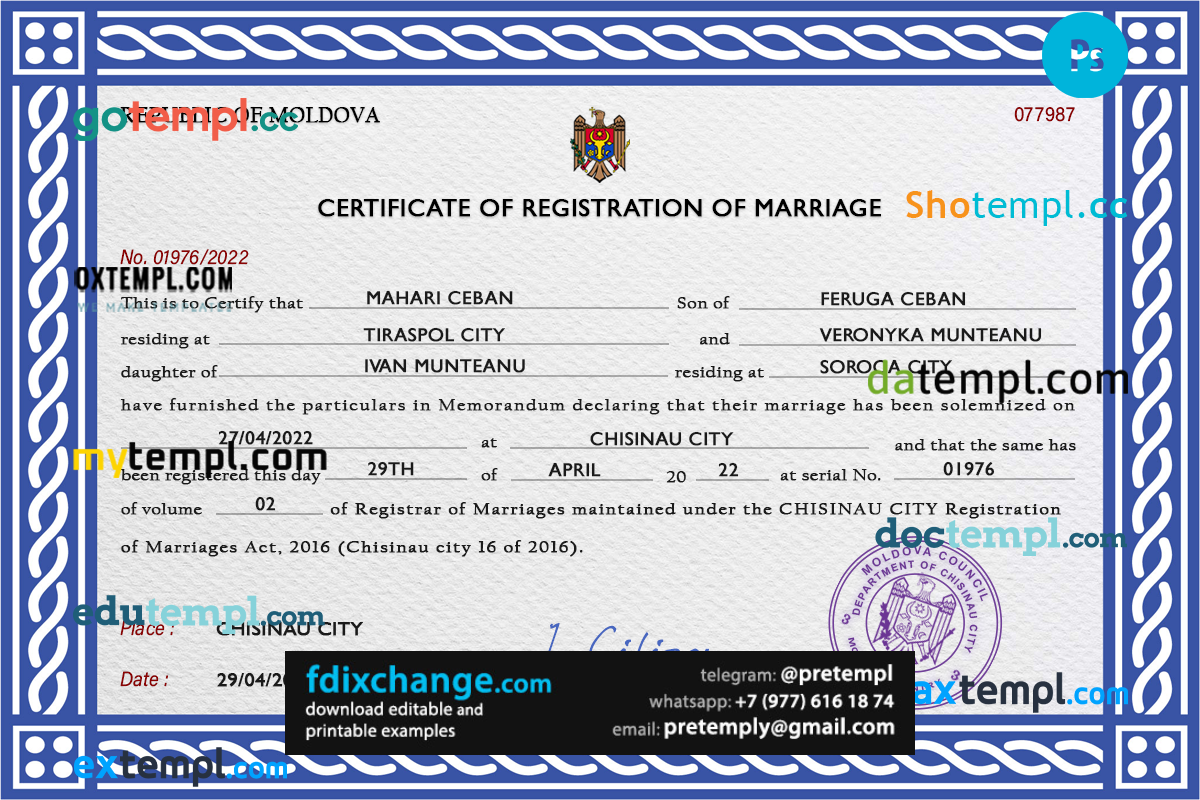 download Moldova marriage certificate template free fonts