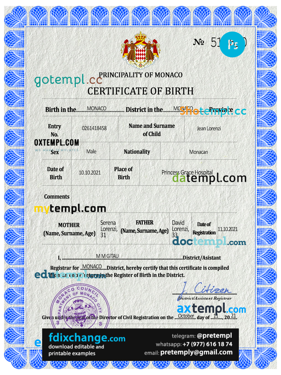 download Monaco vital record birth certificate template free fonts