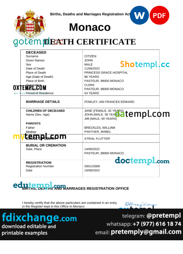 download Monaco vital record death certificate template free fonts