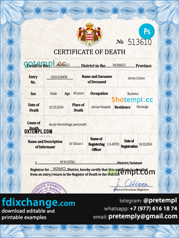 download Monaco vital record death certificate template free fonts