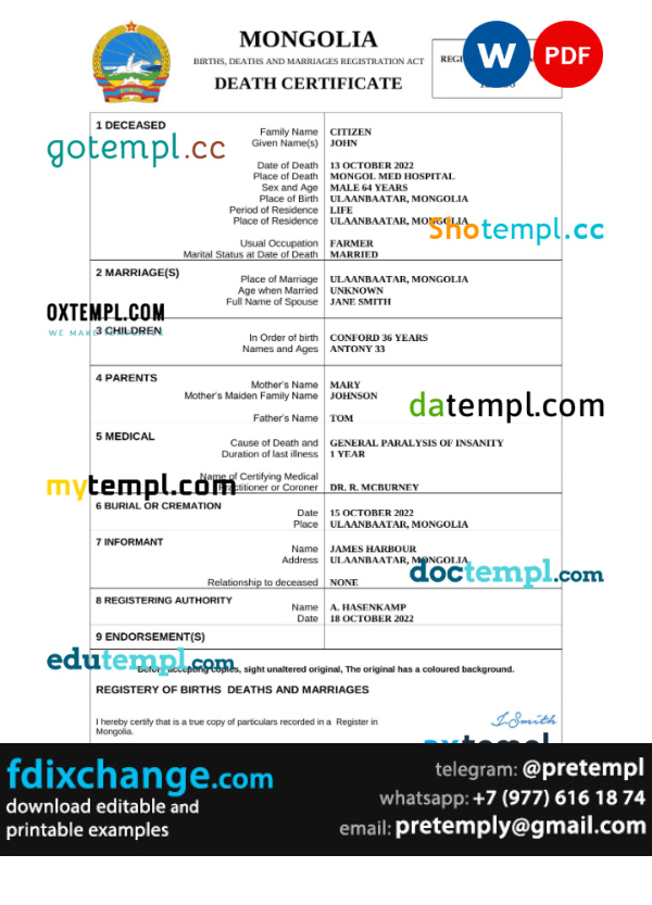 download Mongolia vital record death certificate template free fonts