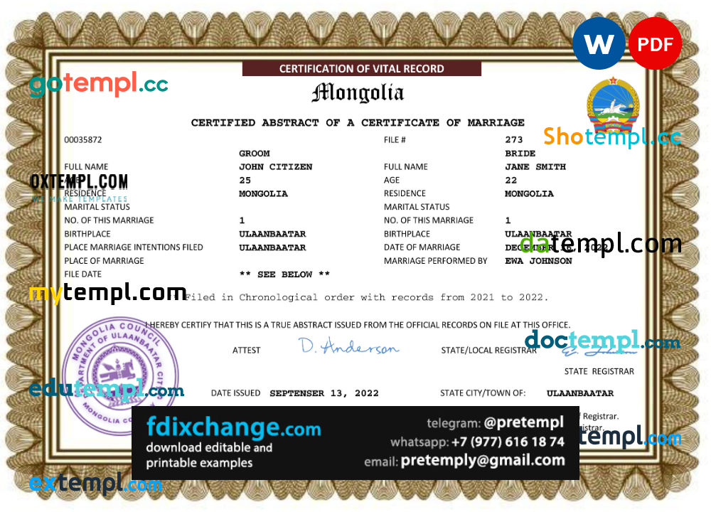 download Mongolia marriage certificate template free fonts, completely editable