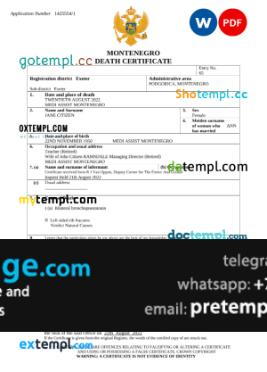 download Montenegro death certificate template free fonts, completely editable