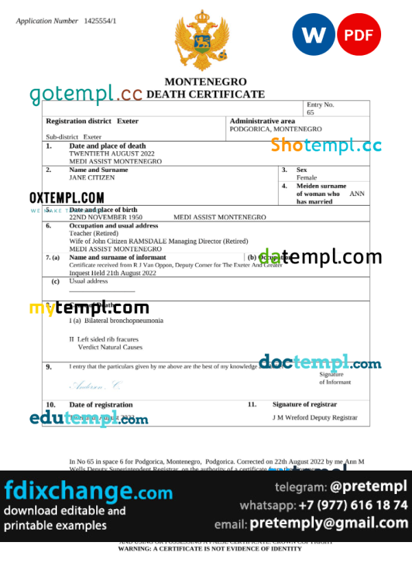 download Montenegro death certificate template free fonts, completely editable