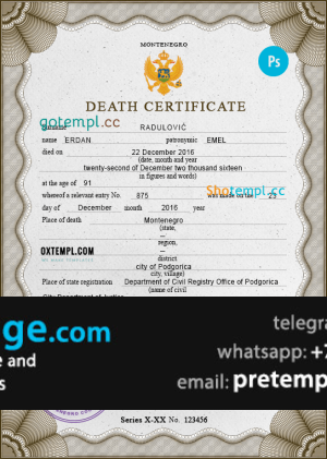 download Montenegro vital record death certificate template free fonts