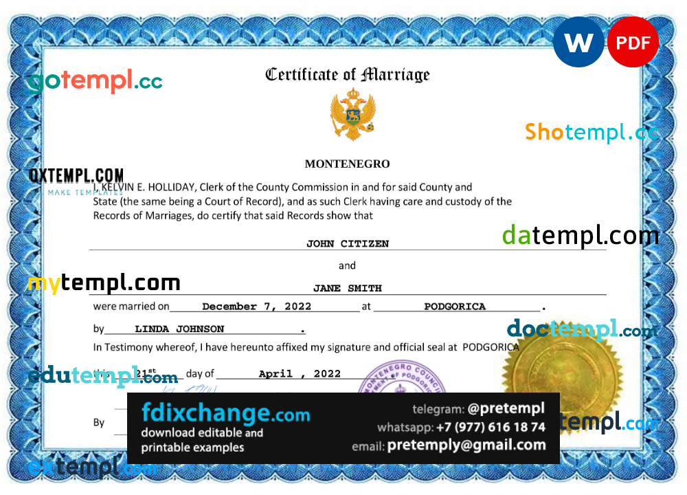 download Montenegro marriage certificate template free fonts, fully editable
