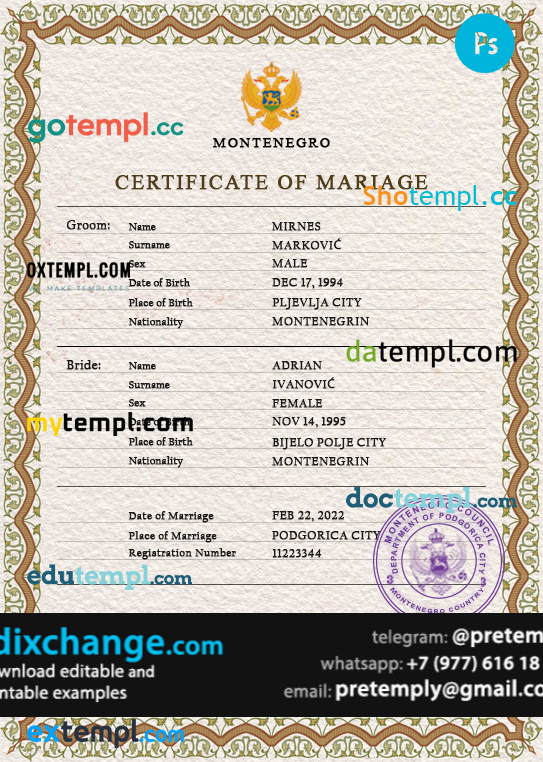 download Montenegro marriage certificate template free fonts, completely editable