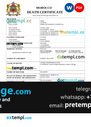 download Morocco vital record death certificate template free fonts