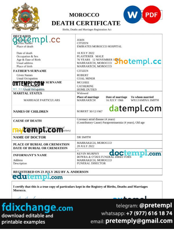 download Morocco vital record death certificate template free fonts