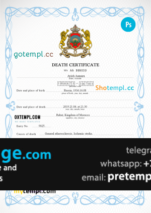 download Morocco vital record death certificate template free fonts, completely editable