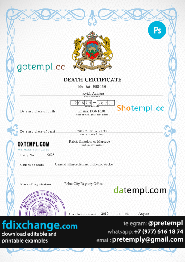download Morocco vital record death certificate template free fonts, completely editable