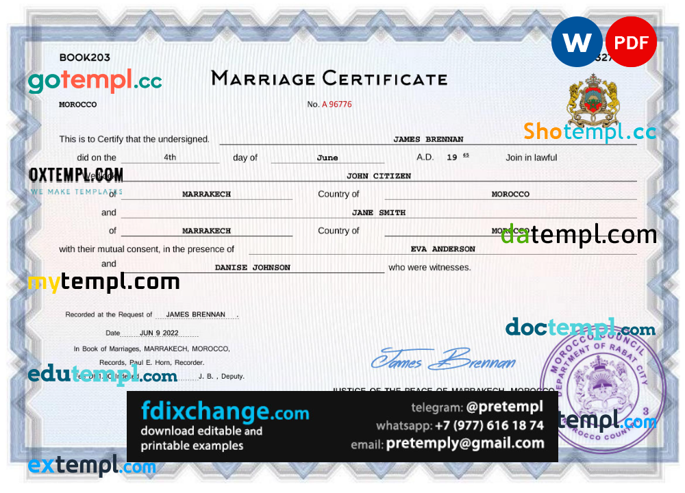 download Morocco marriage certificate template free fonts, completely editable