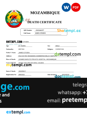 download Mozambique vital record death certificate template free fonts