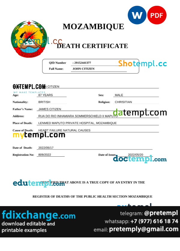 download Mozambique vital record death certificate template free fonts