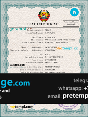 download Mozambique vital record death certificate template free fonts