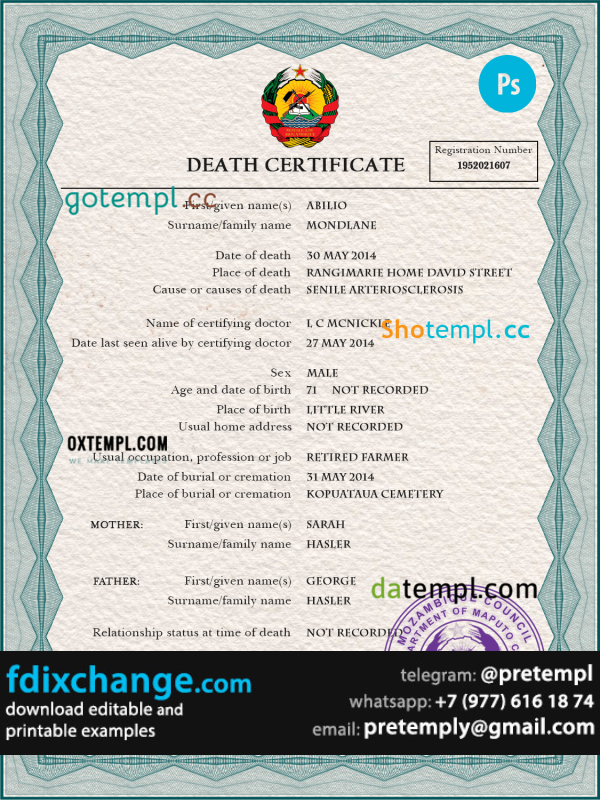 download Mozambique vital record death certificate template free fonts