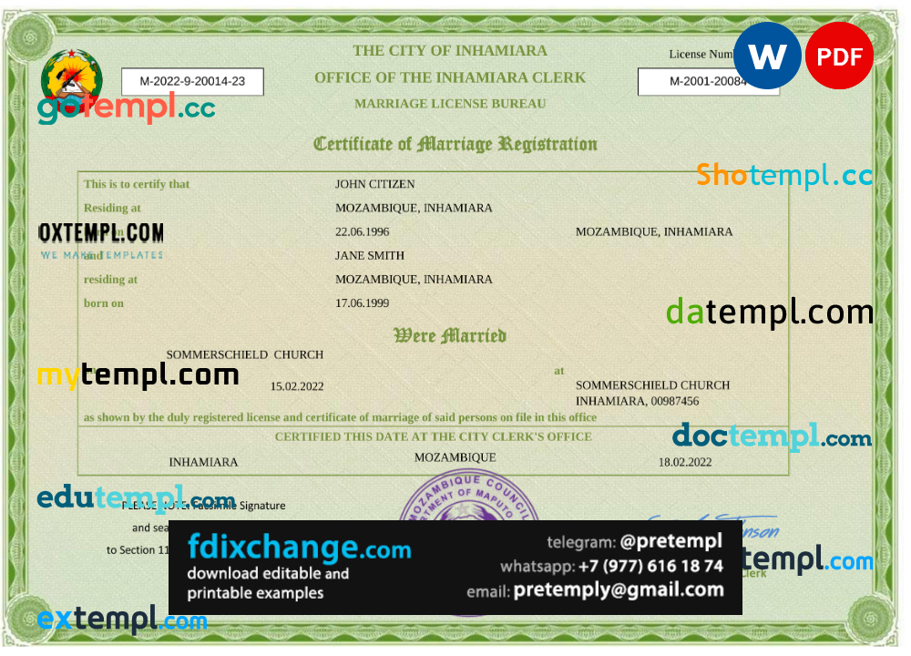 download Mozambique marriage certificate template free fonts, fully editable