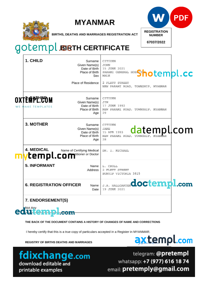 download Myanmar vital record birth certificate template free fonts, completely editable