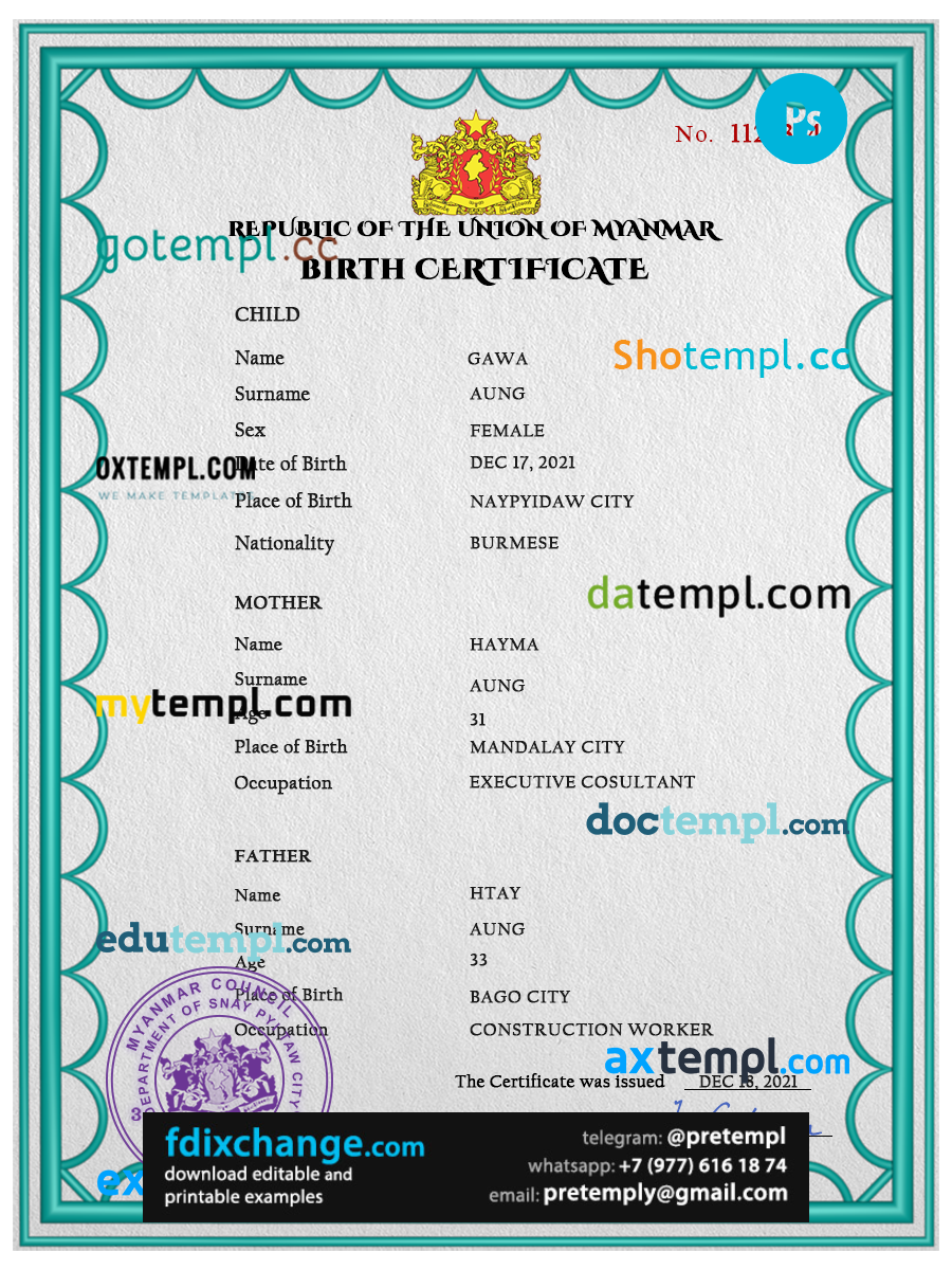 download Myanmar vital record birth certificate template free fonts