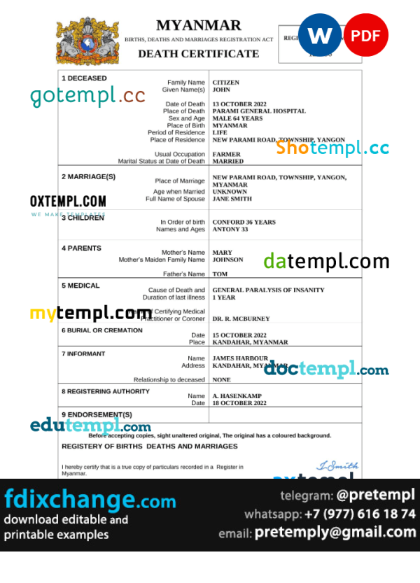 download Myanmar death certificate template free fonts, completely editable