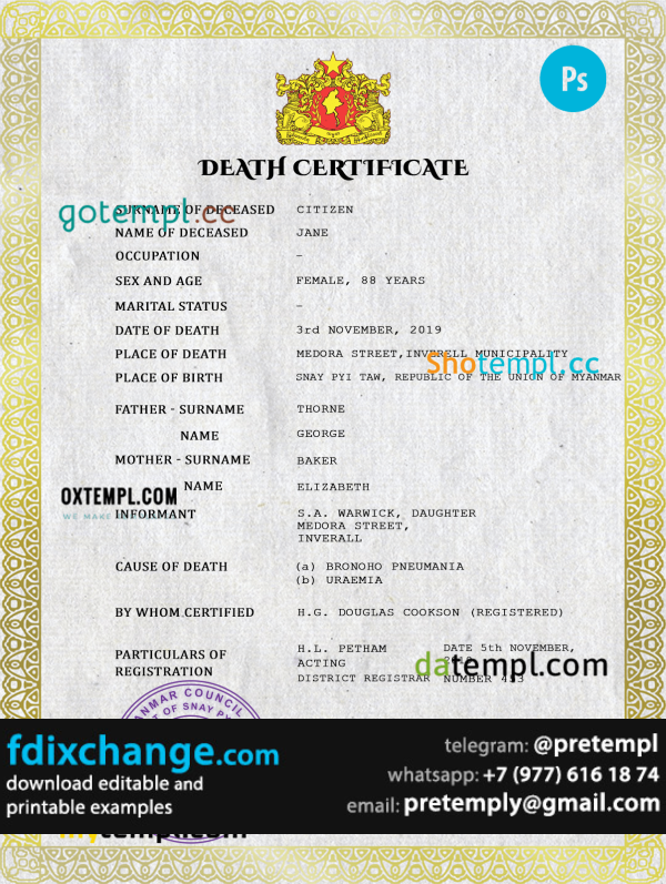download Myanmar death certificate template free fonts, completely editable