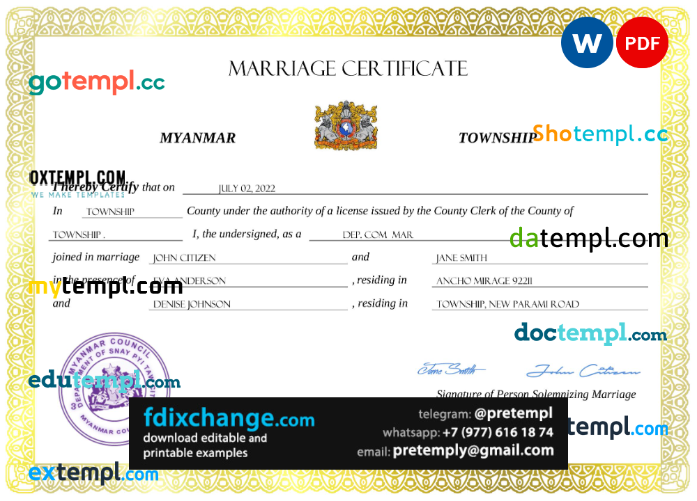 download Myanmar marriage certificate template free fonts, completely editable