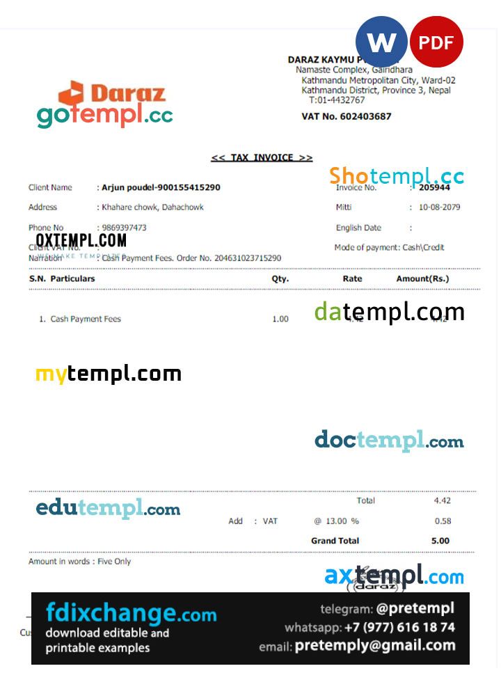 download NEPAL DARAZ utility bill template free fonts