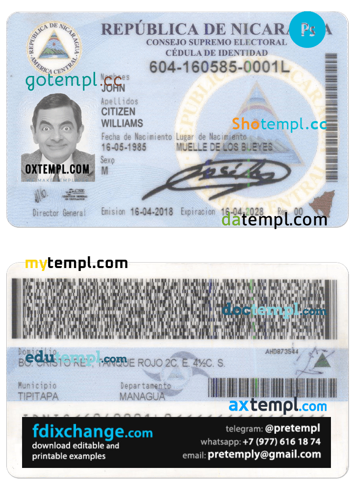 download Nicaragua identity card template free fonts, with fonts