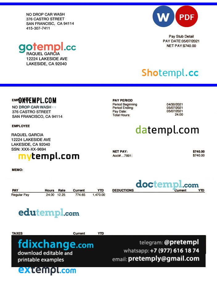 download NO DROP CAR WASH pay stub template free fonts
