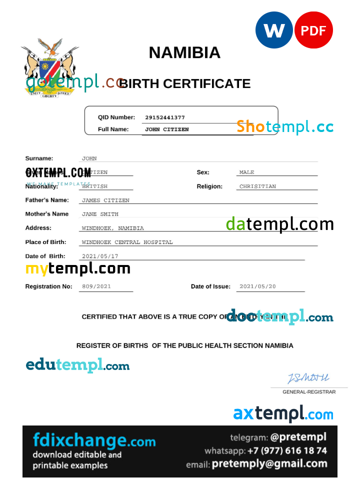 download Namibia birth certificate template free fonts, completely editable